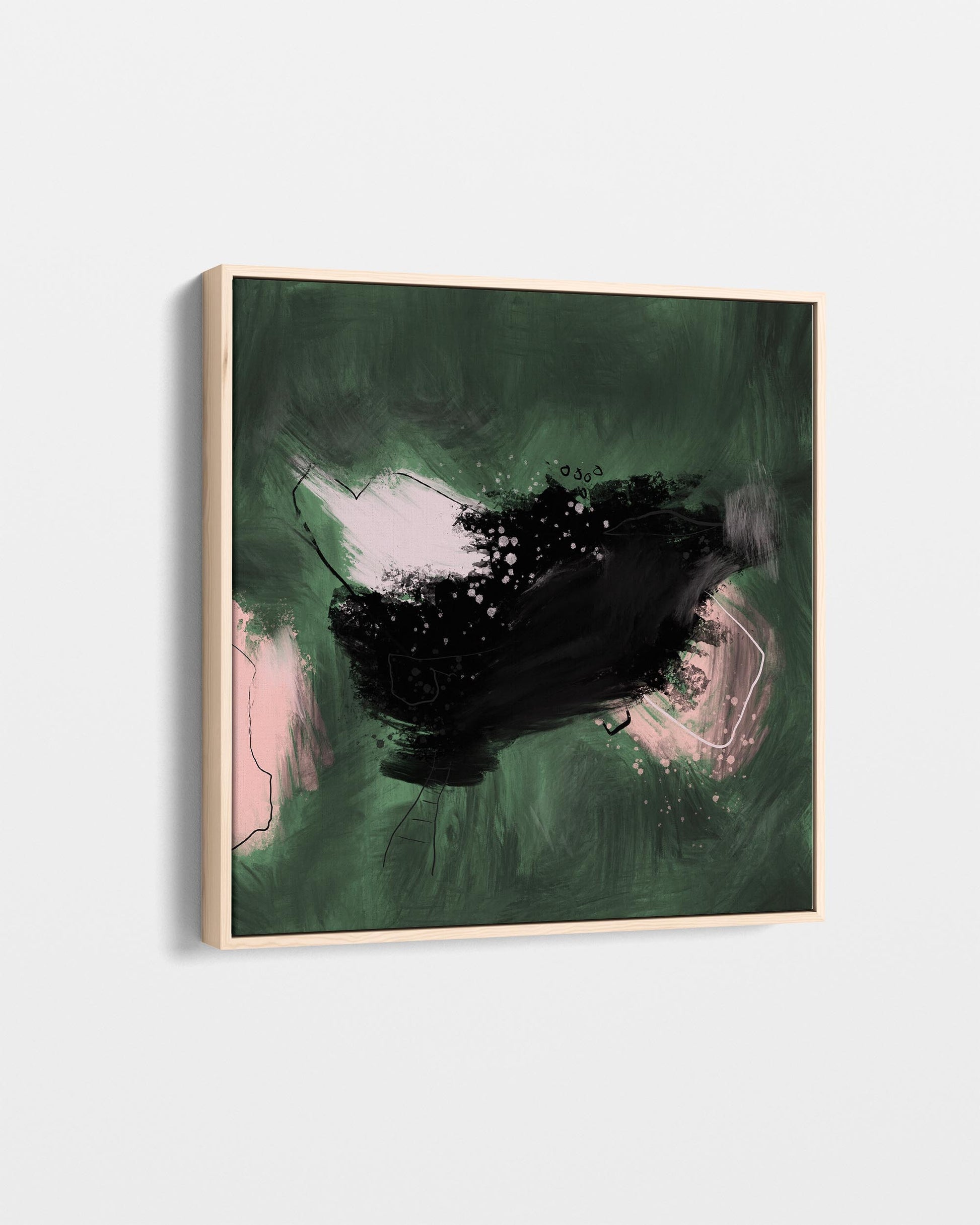 Abstract painting with green, black, and pink on a white background