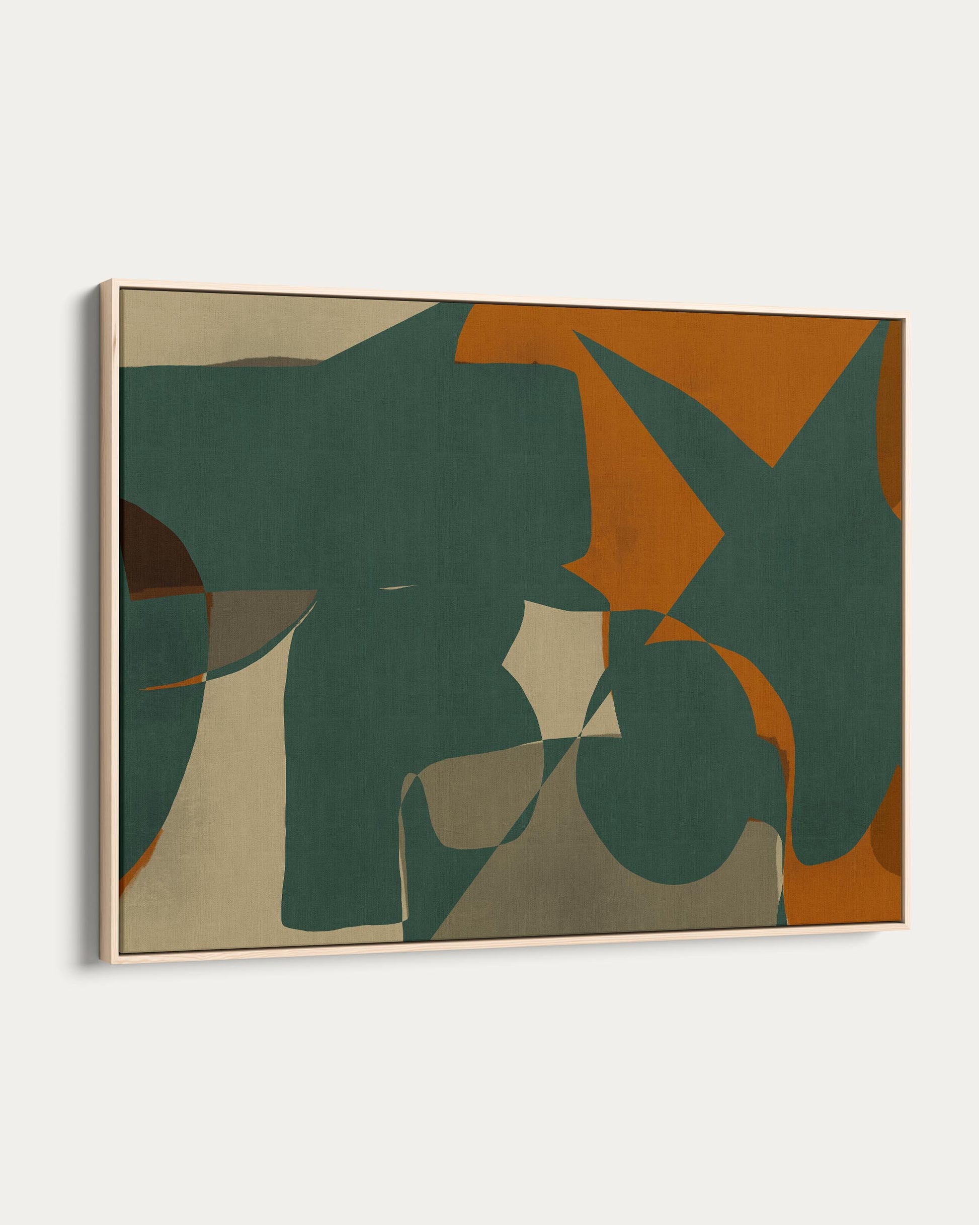 Abstract art piece with geometric shapes in green, orange, and beige on a white background