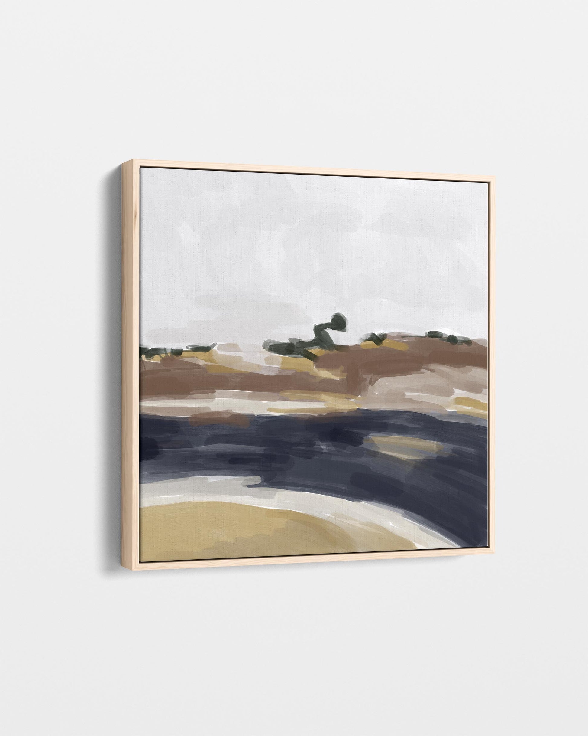 Abstract landscape painting with a gold frame on a light gray background