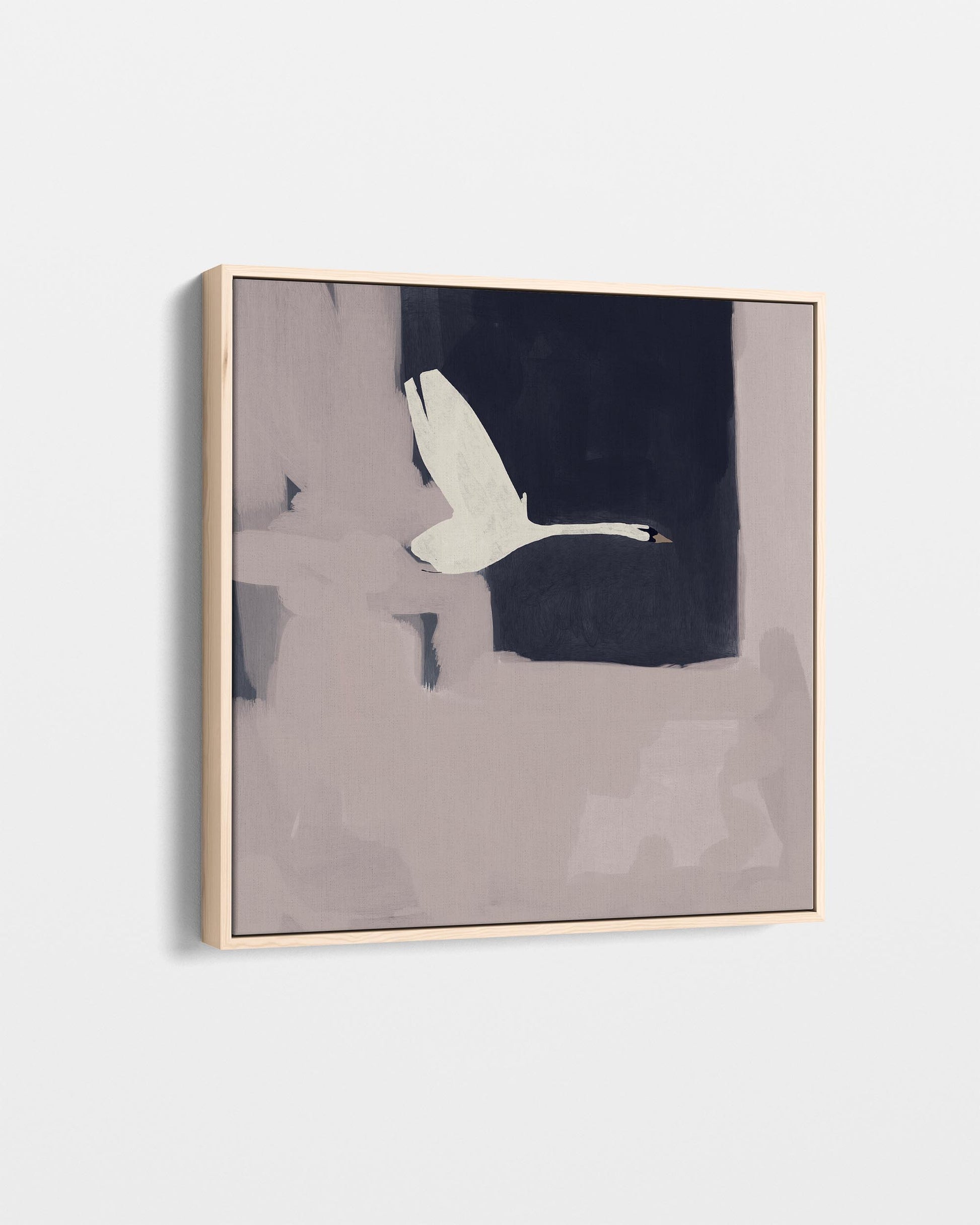 Framed abstract art piece with a white bird on a dark background