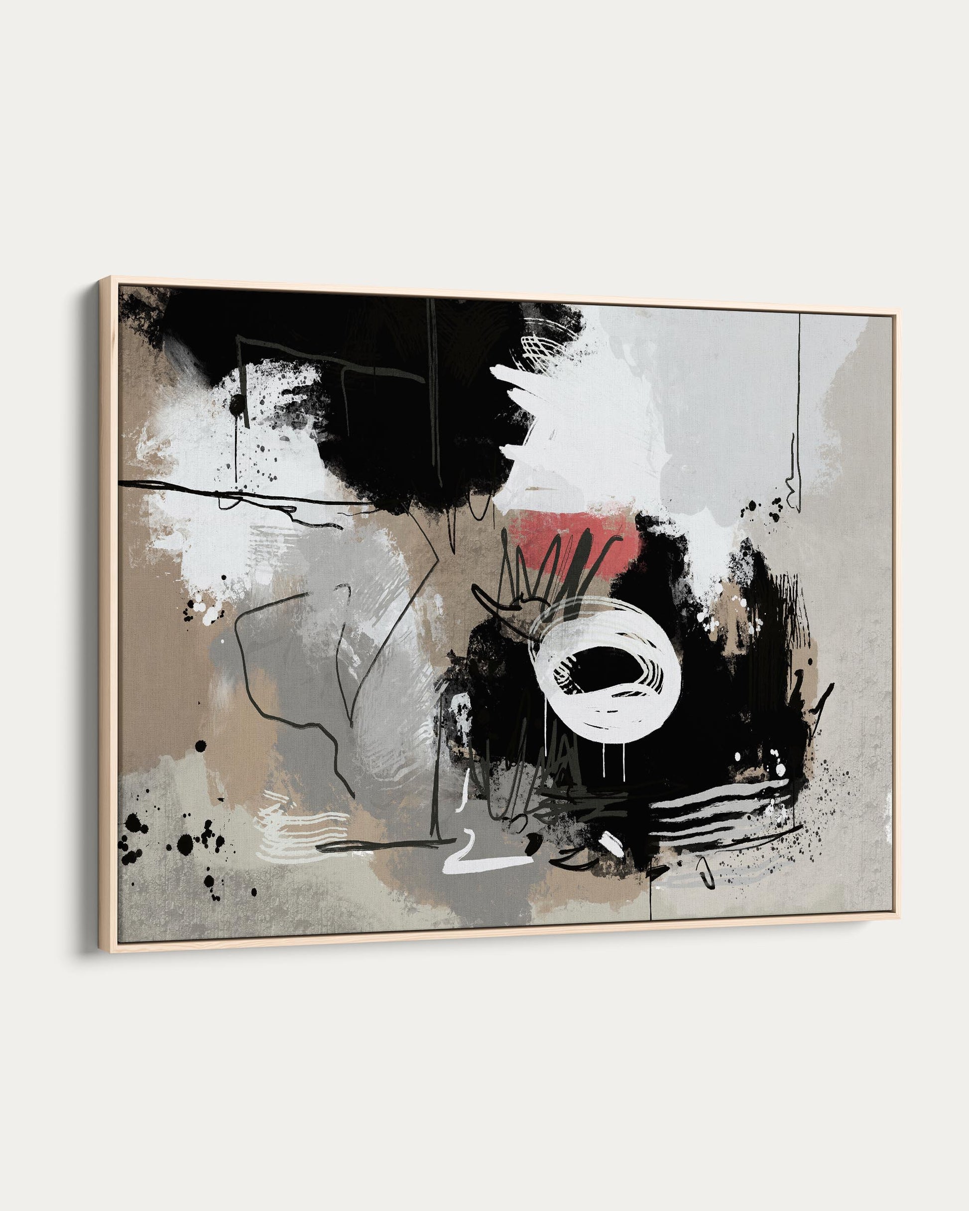 Abstract art painting with black, white, and gray colors on a white wall.