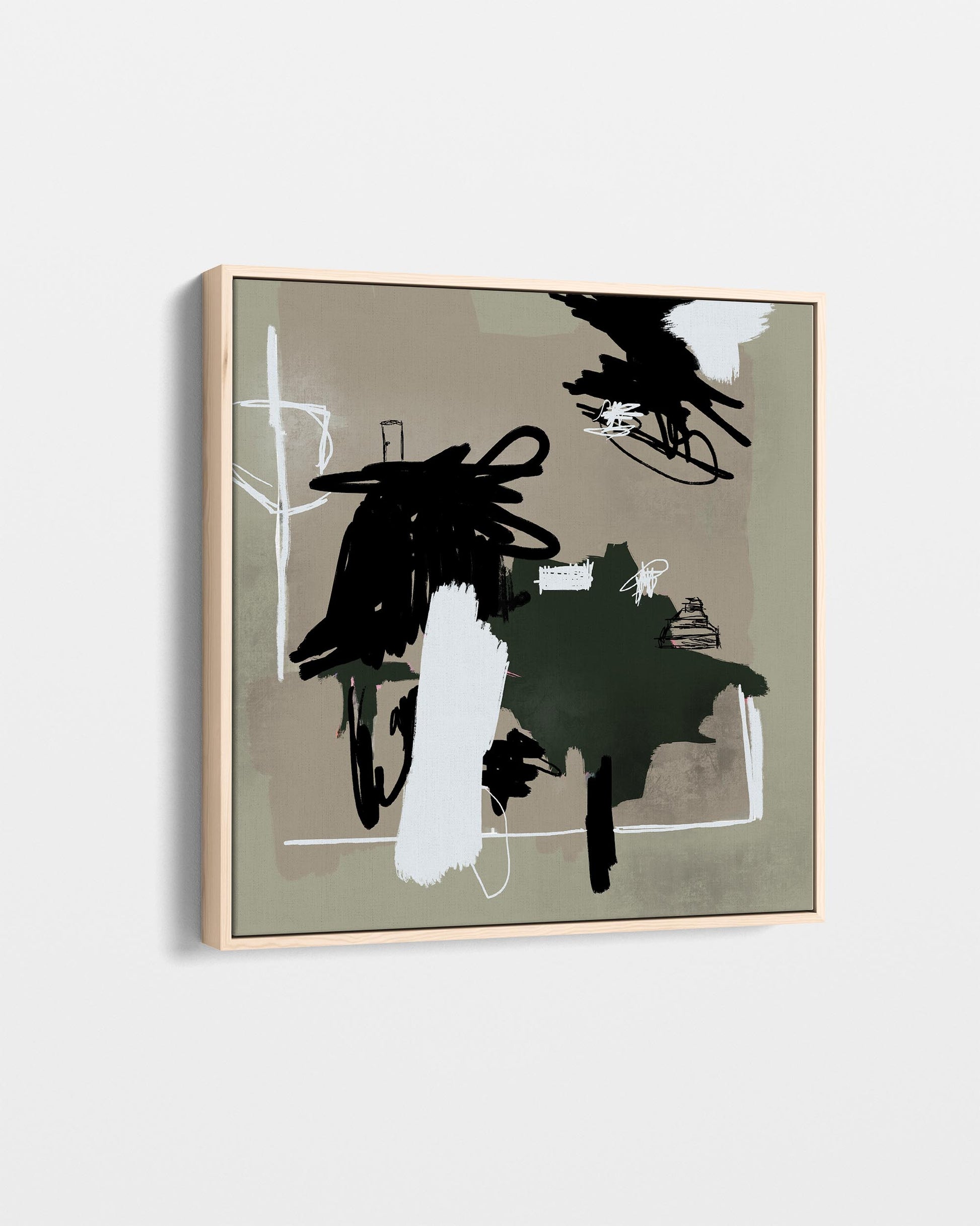 Abstract art piece with black, white, and gray shapes on a beige background