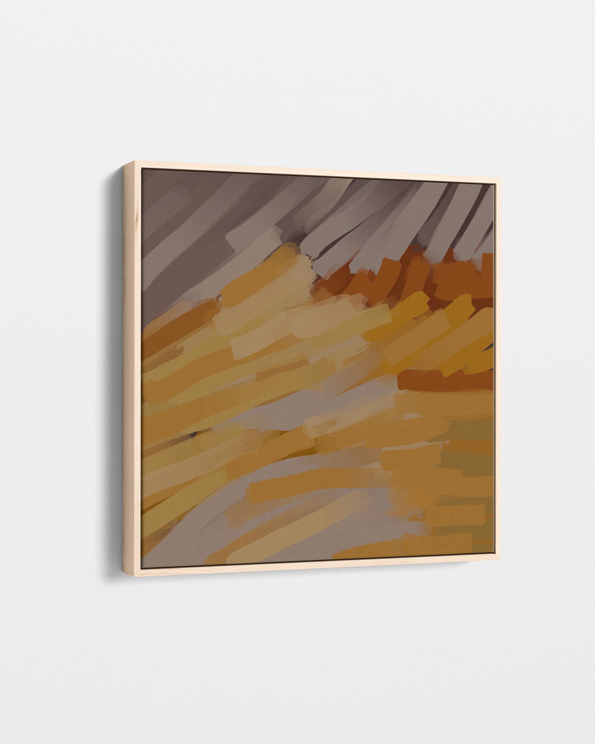 Abstract art piece with brown, orange, and gray colors on a white background