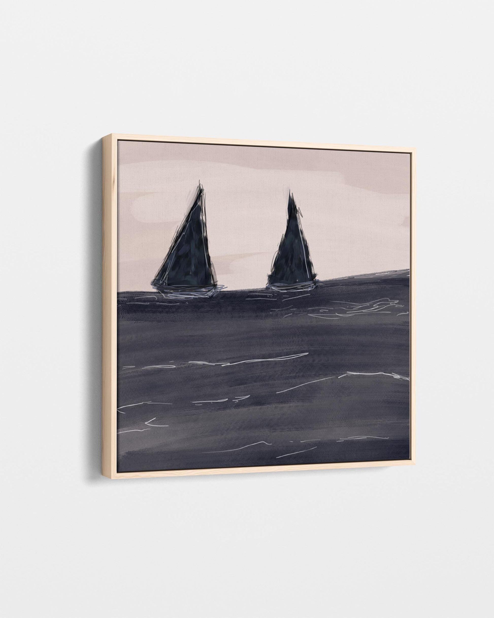 Abstract painting of two sailboats on water with a neutral background