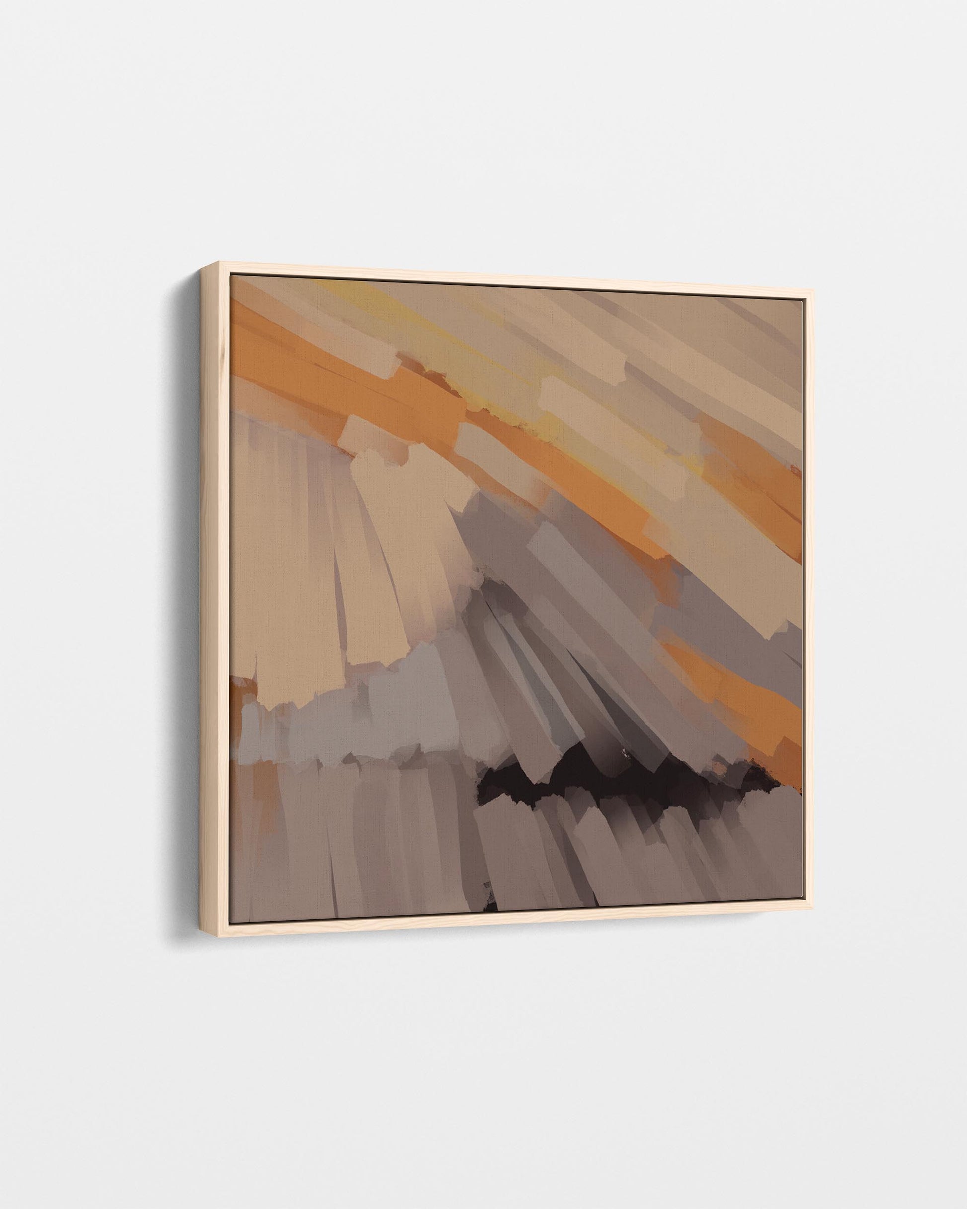 Abstract art piece with geometric shapes in brown, orange, and gray on a white background