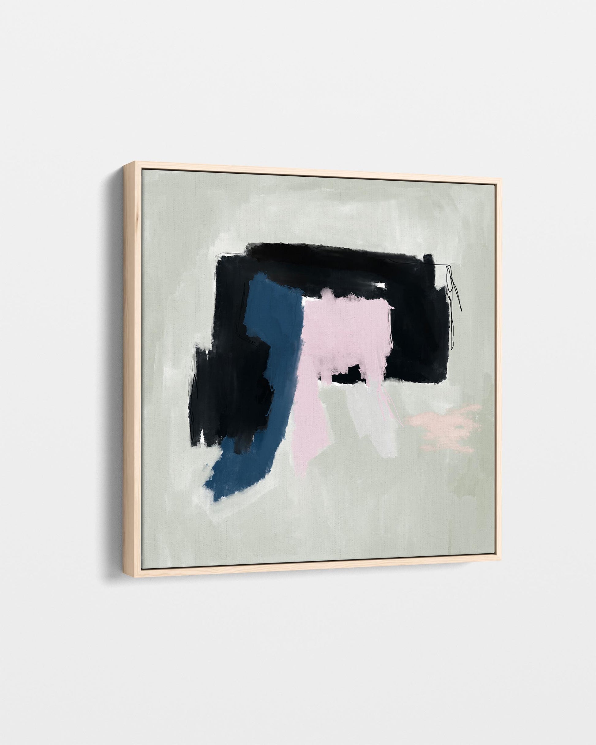 Abstract art piece with black, blue, and pink colors on a light gray background