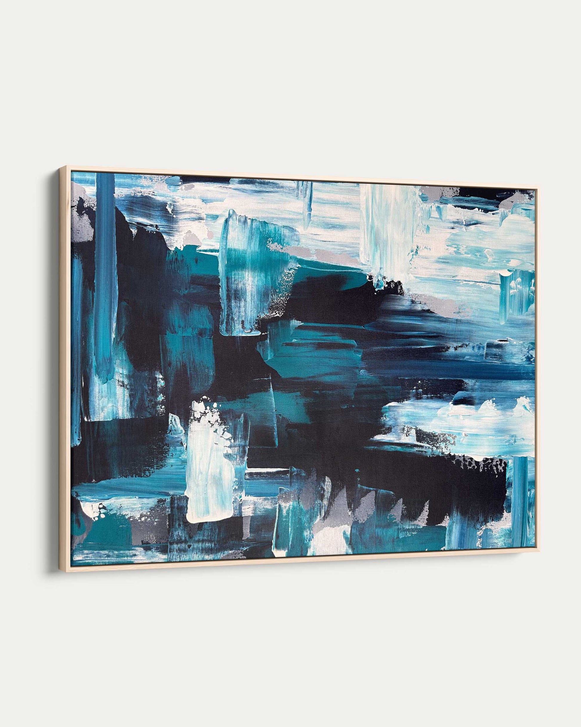 Abstract painting with blue and black strokes on a white background