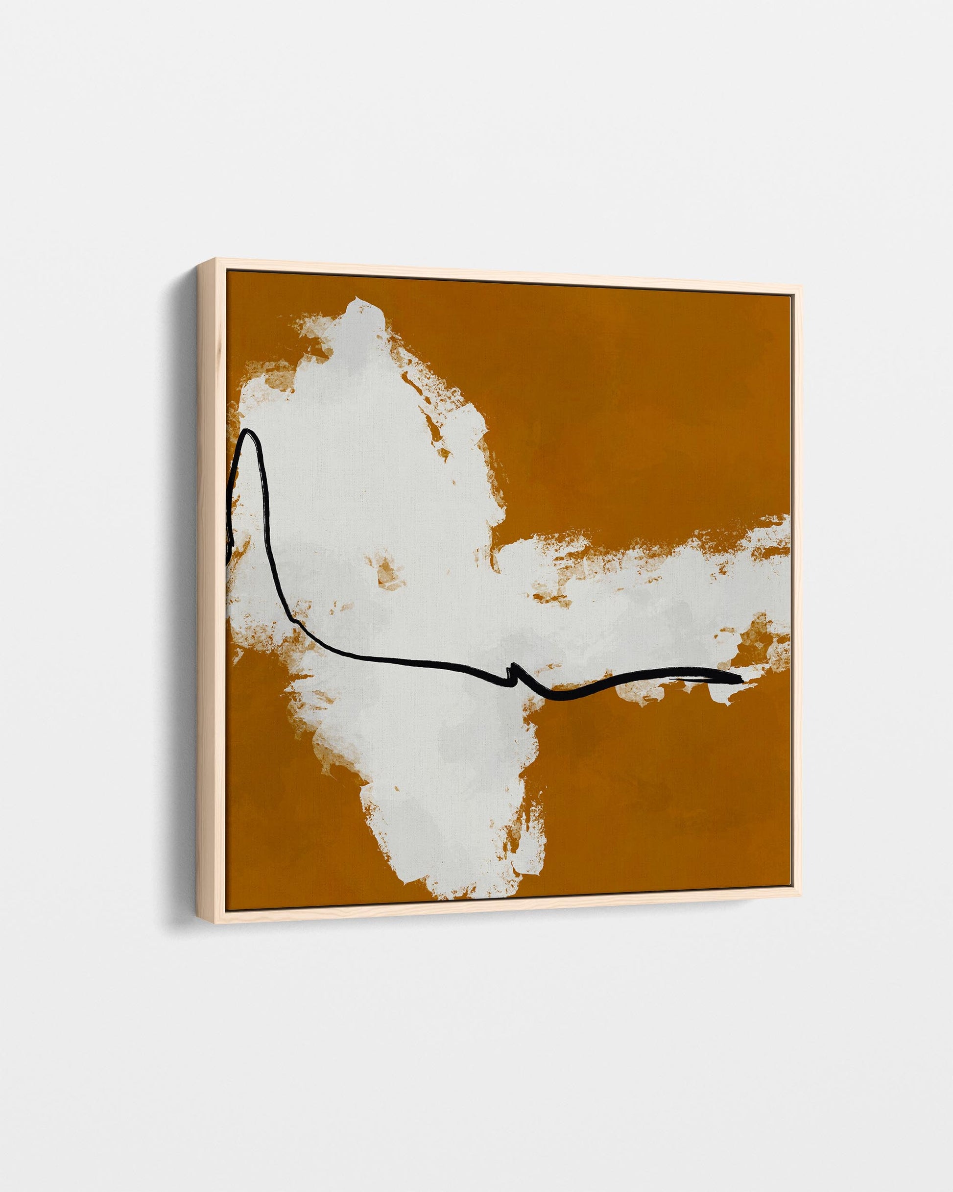 Abstract art piece with a white shape and black line on a brown background