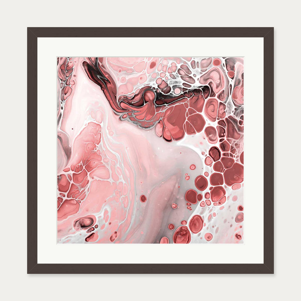Pink Abstract Marble III Art Print — 50 x 50 cm — Brown Frame