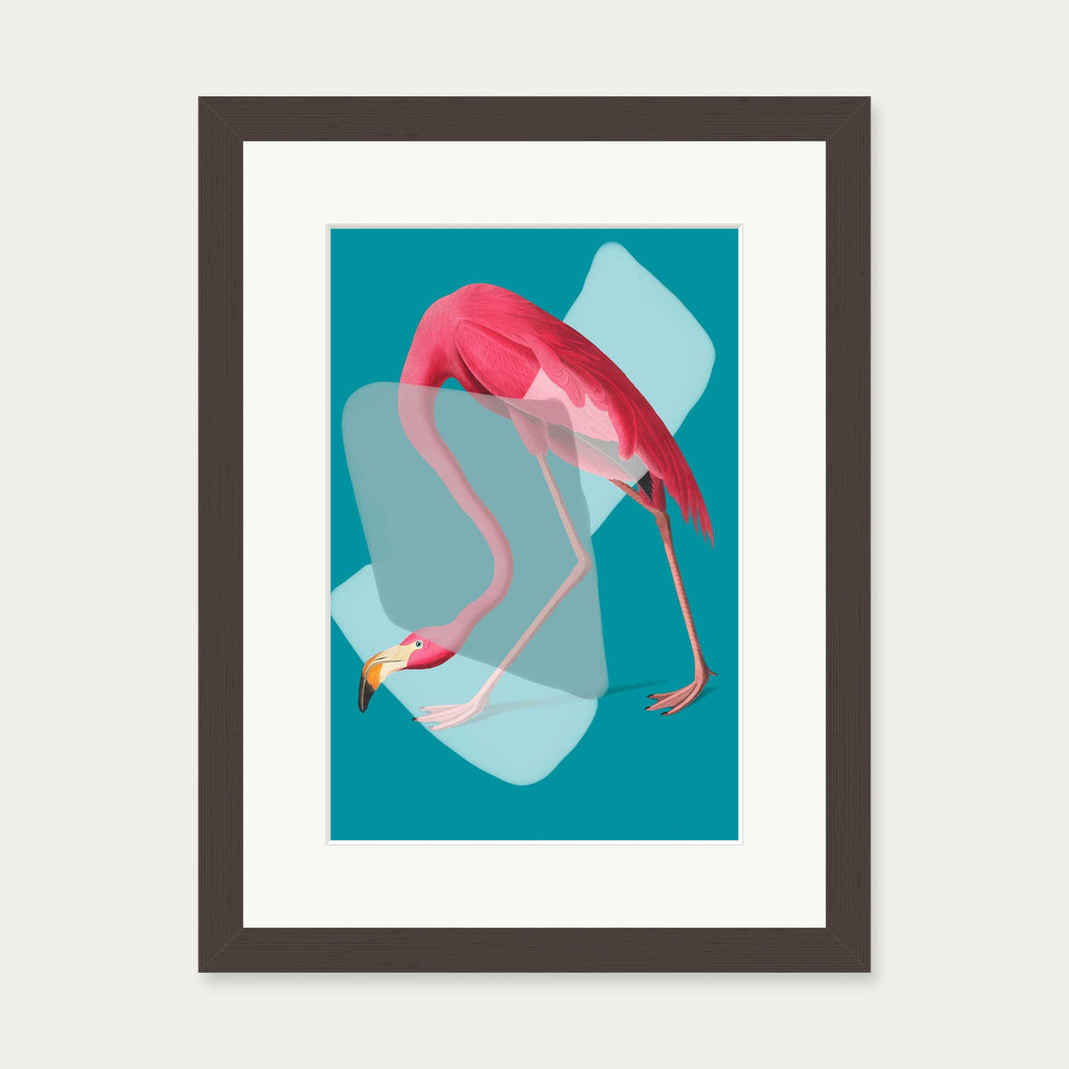 Pink Flamingo In Teal Pop Art Print — 30 x 40 cm — Brown Frame