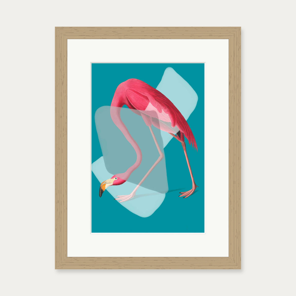 Pink Flamingo In Teal Pop Art Print — 30 x 40 cm — Oak Frame