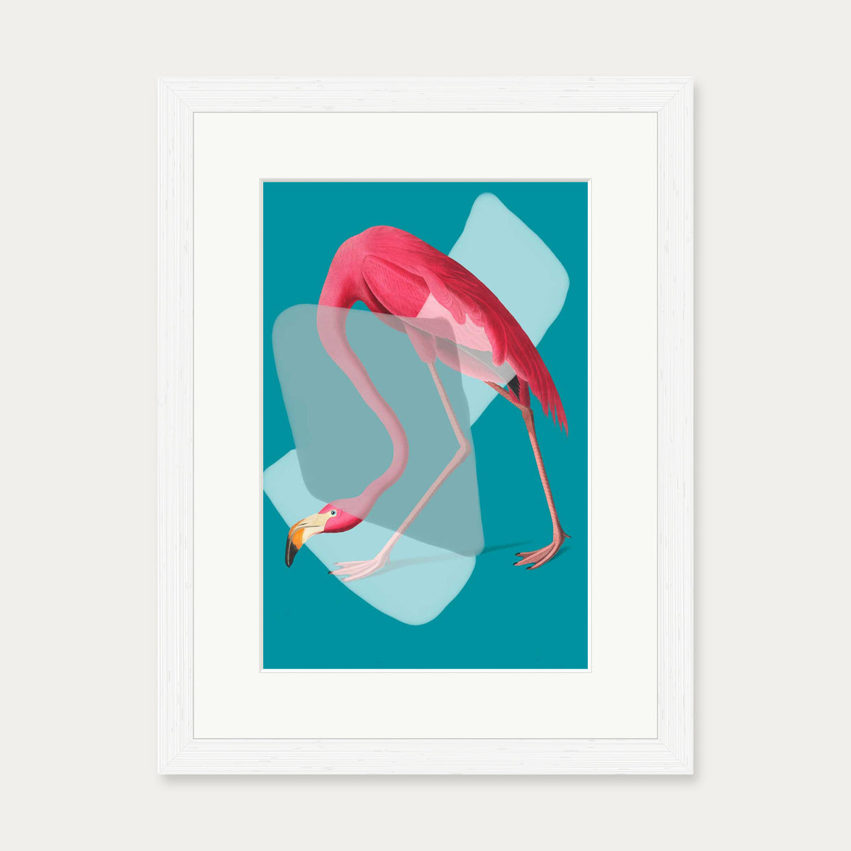 Pink Flamingo In Teal Pop Art Print — 30 x 40 cm — White Frame