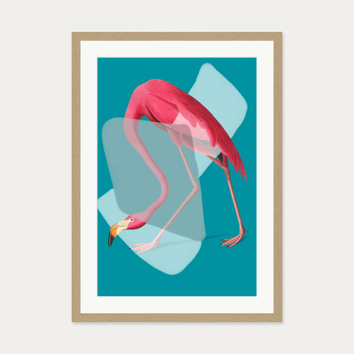 Pink Flamingo In Teal Pop Art Print — 50 x 70 cm — Oak Frame