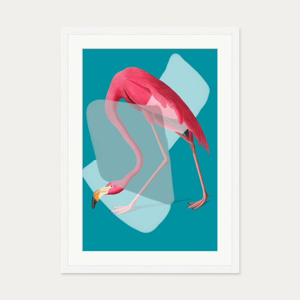 Pink Flamingo In Teal Pop Art Print — 50 x 70 cm — White Frame