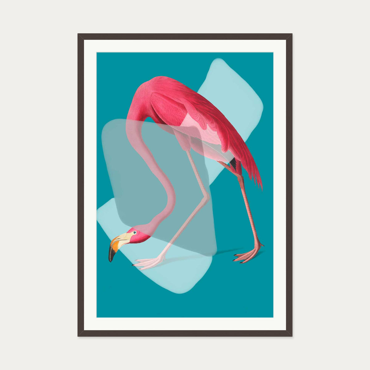Pink Flamingo In Teal Pop Art Print — 70 x 100 cm — Brown Frame