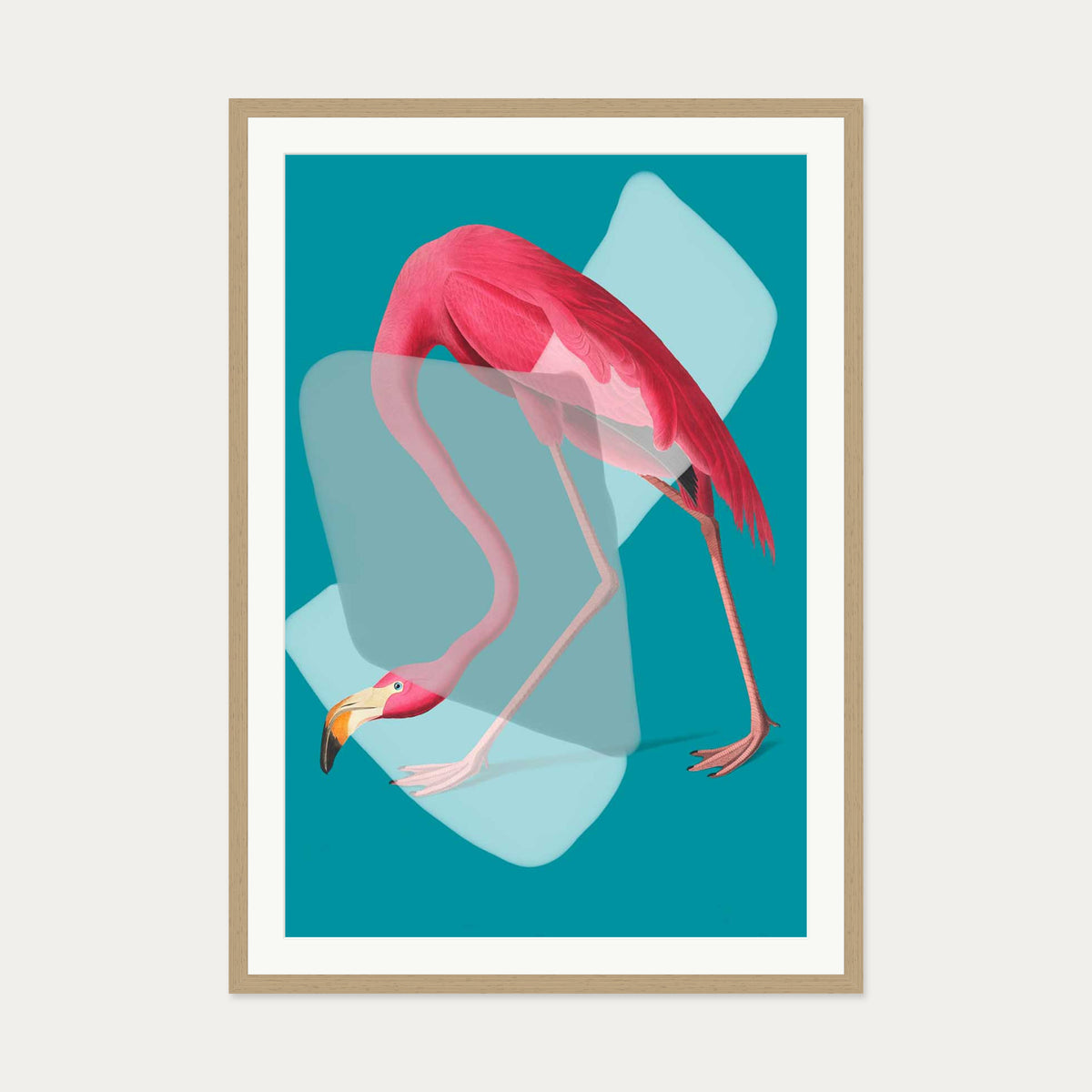 Pink Flamingo In Teal Pop Art Print — 70 x 100 cm — Oak Frame