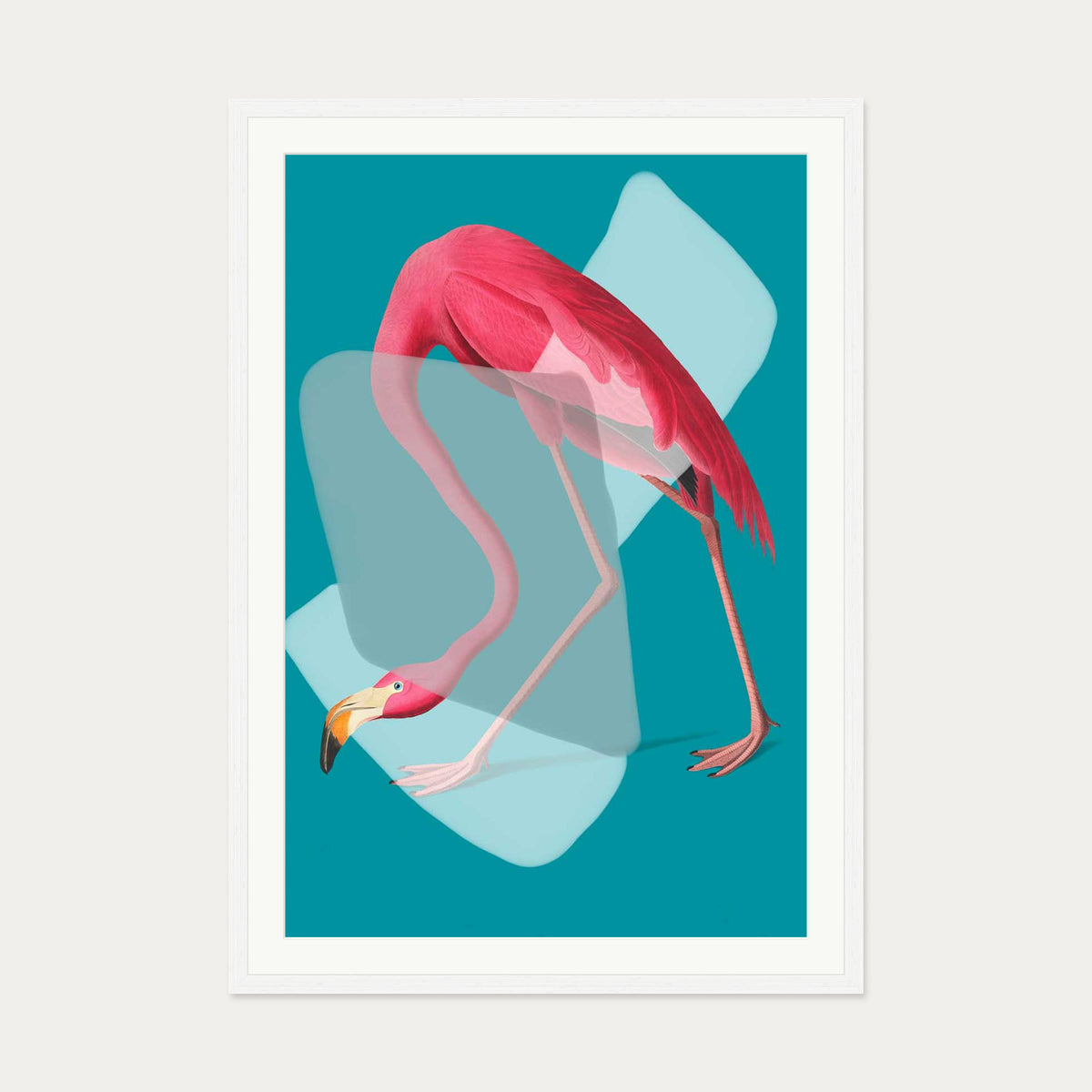 Pink Flamingo In Teal Pop Art Print — 70 x 100 cm — White Frame