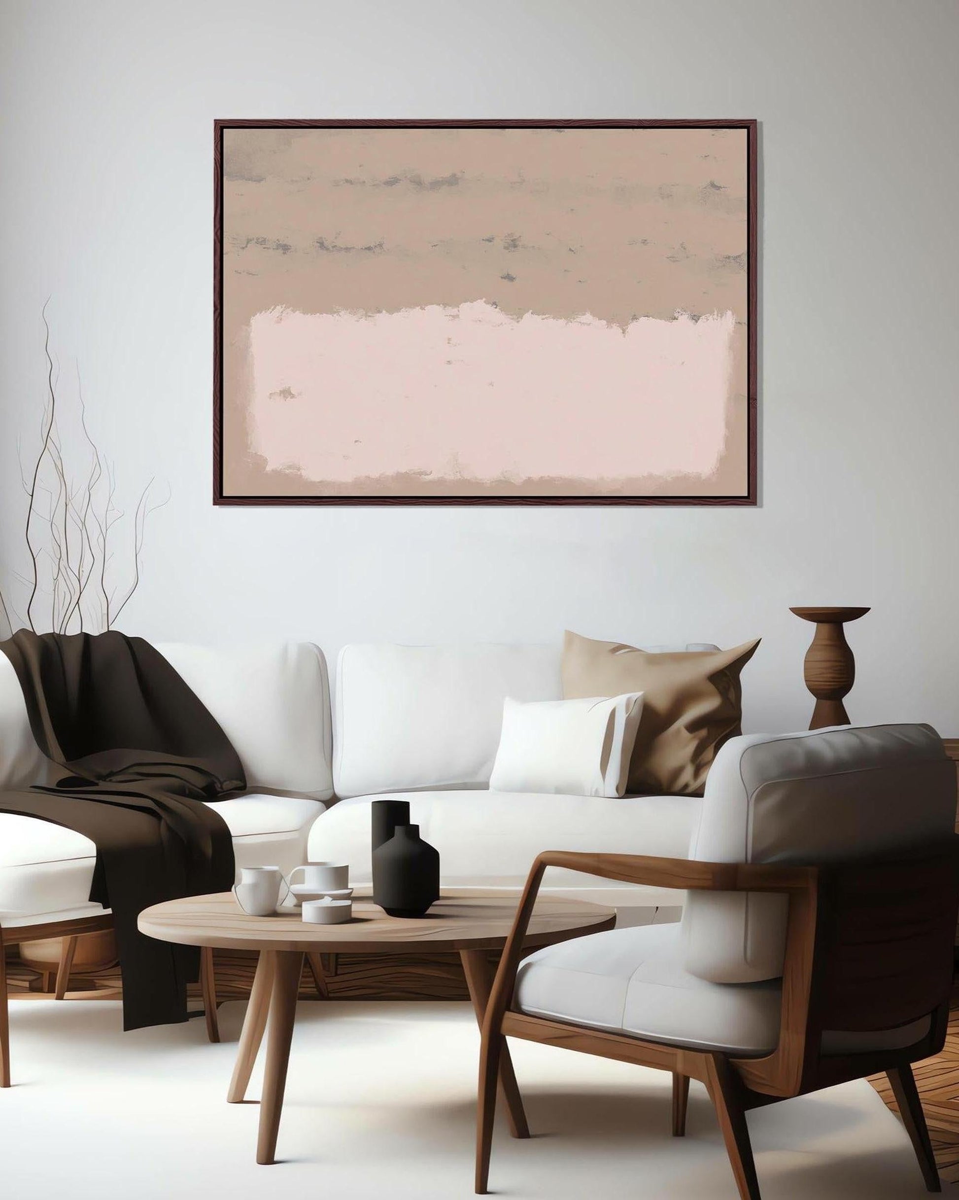 Modern living room with white sofa, wooden coffee table, and abstract painting on wall.