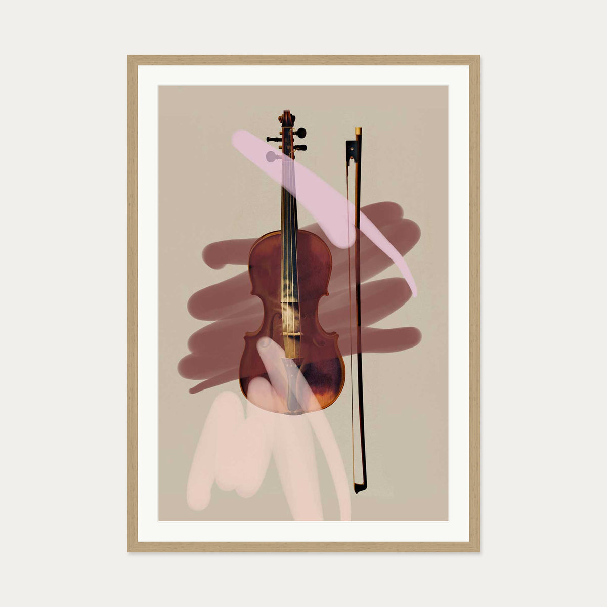 Pink Violin Contemporary Art Print — 70 x 100 cm — Oak Frame