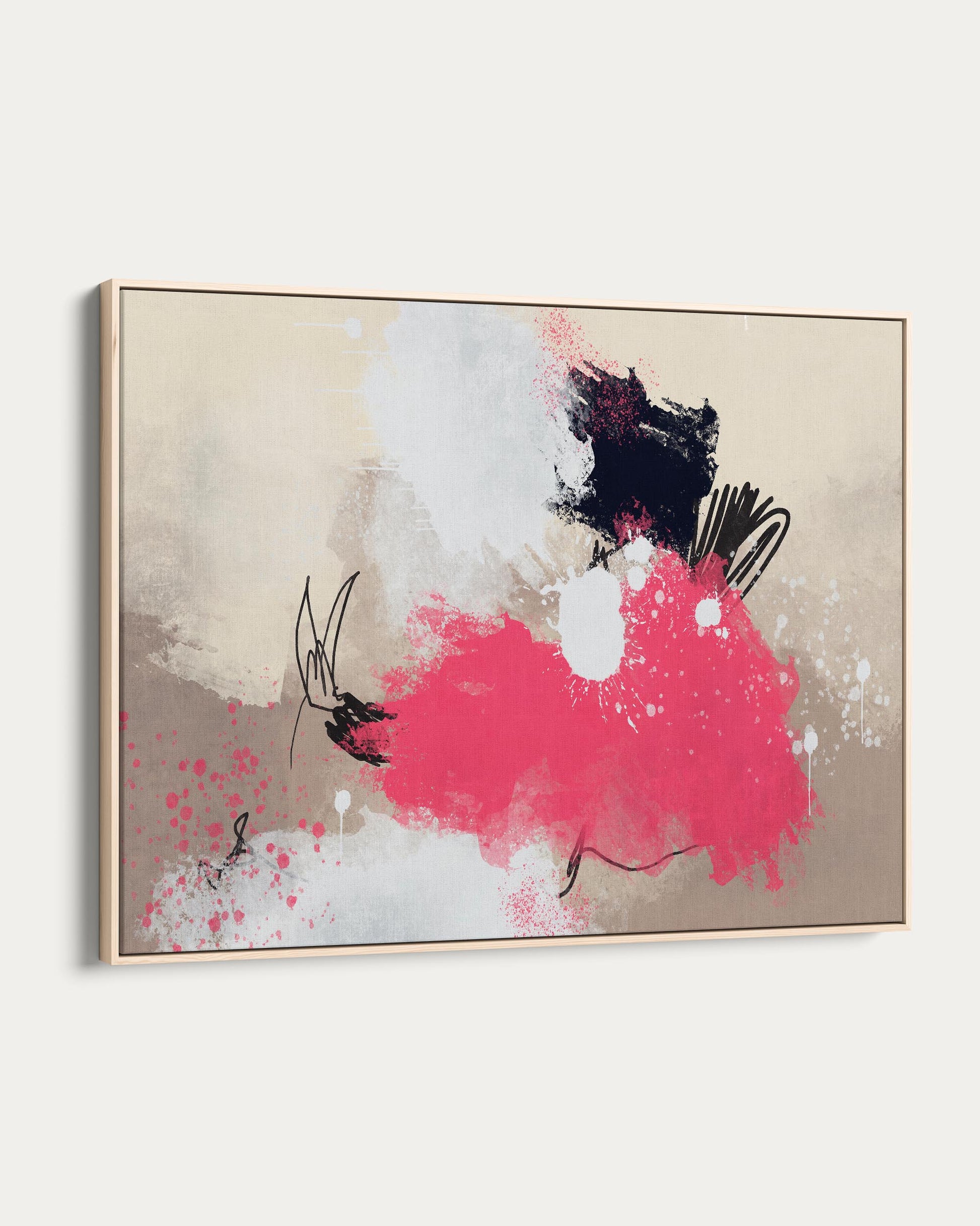 Abstract painting with pink, black, and white on a beige background