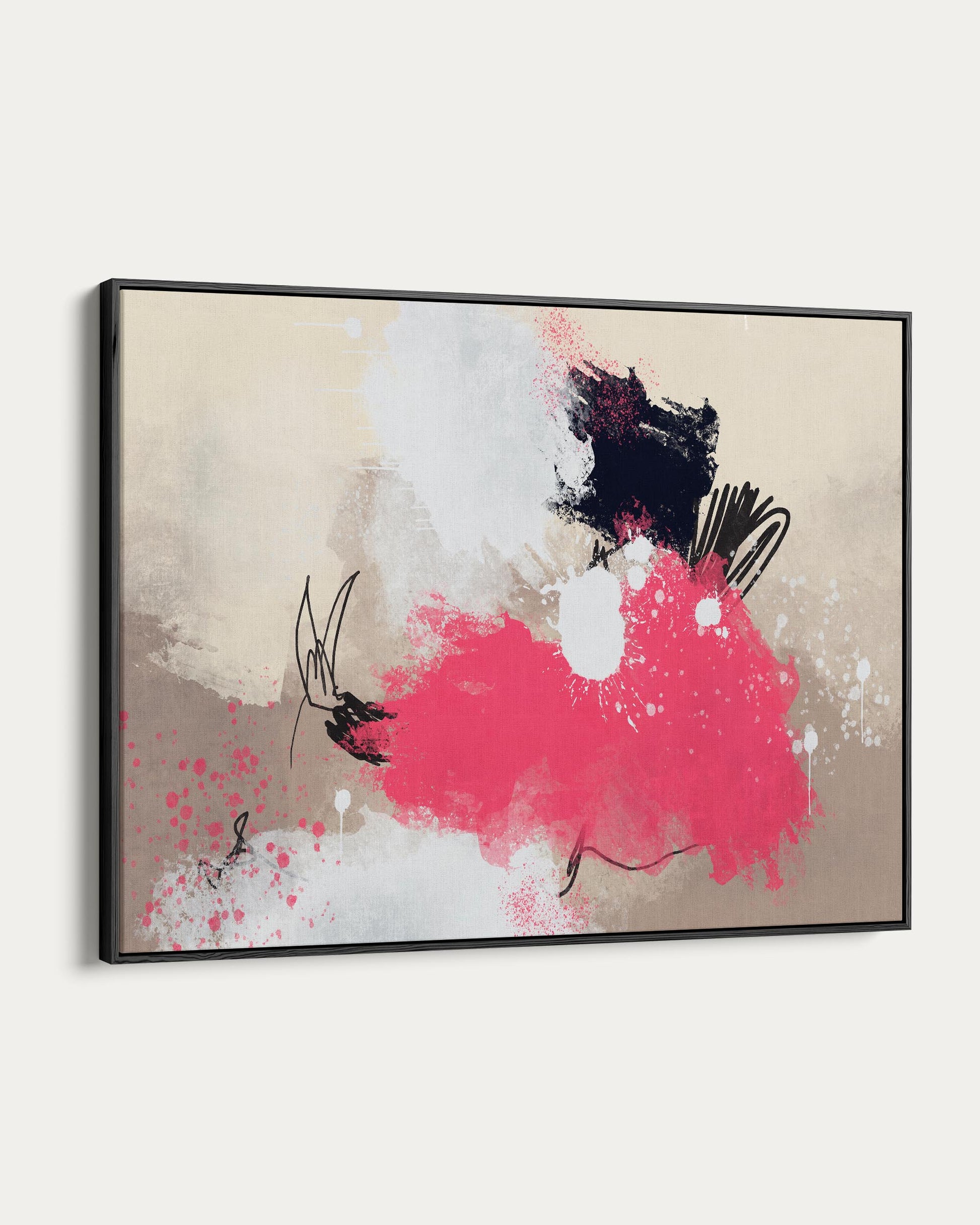 Abstract painting with pink and black elements on a beige background