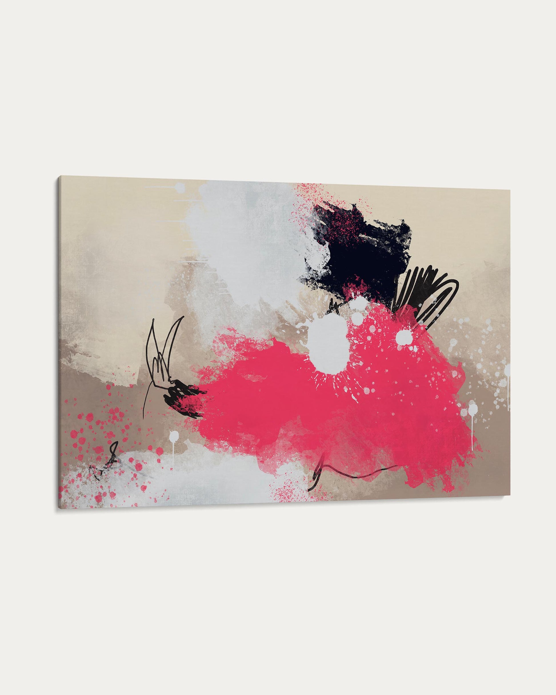 Abstract painting with pink, black, and white on a beige background