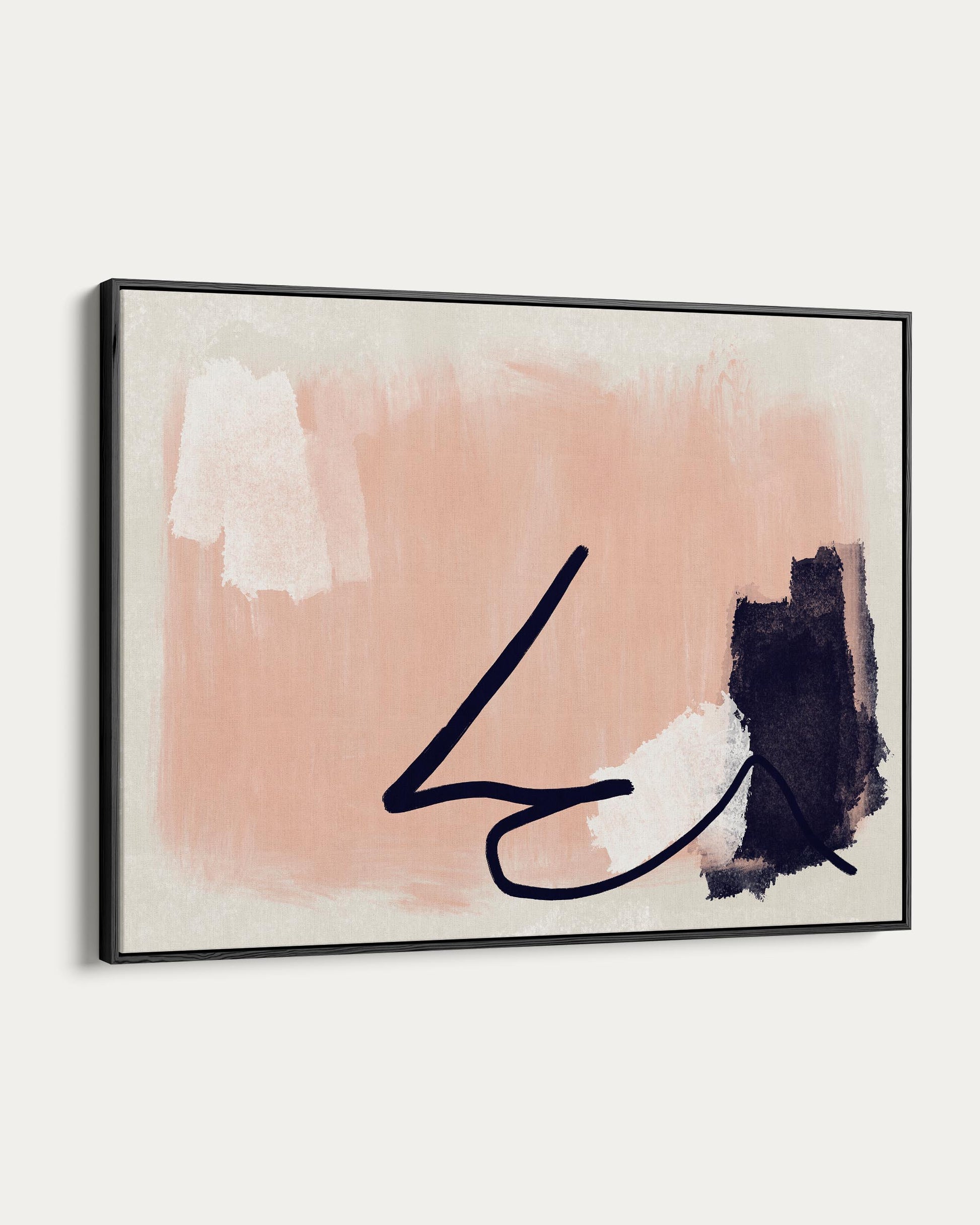 Abstract art piece with a black line on a pink and beige background