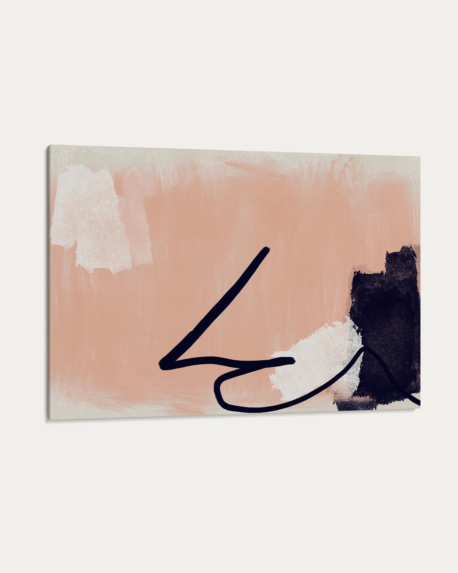 Abstract art piece with black and white brush strokes on a pink background