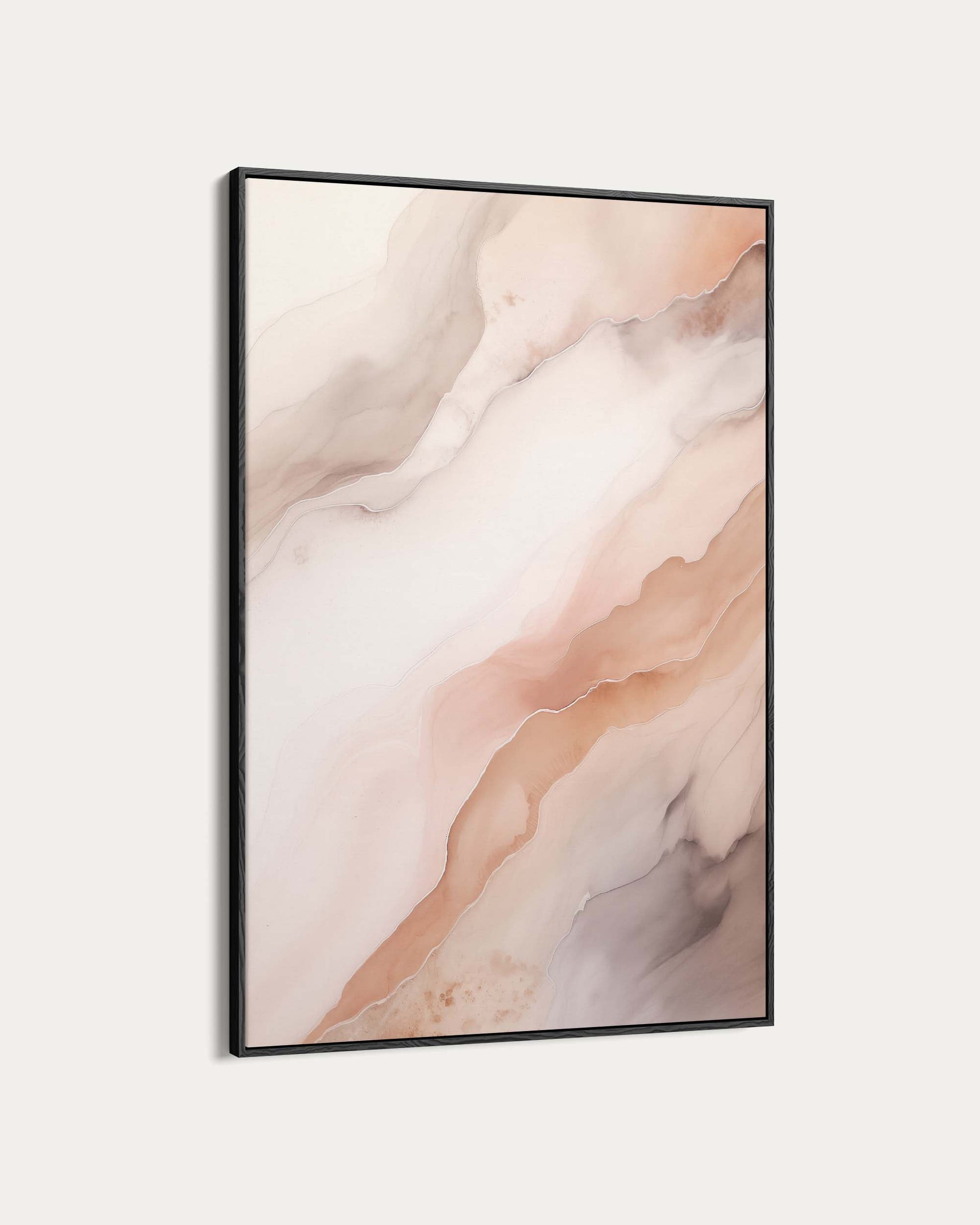 Framed abstract art with soft pink and beige colors on a light gray background