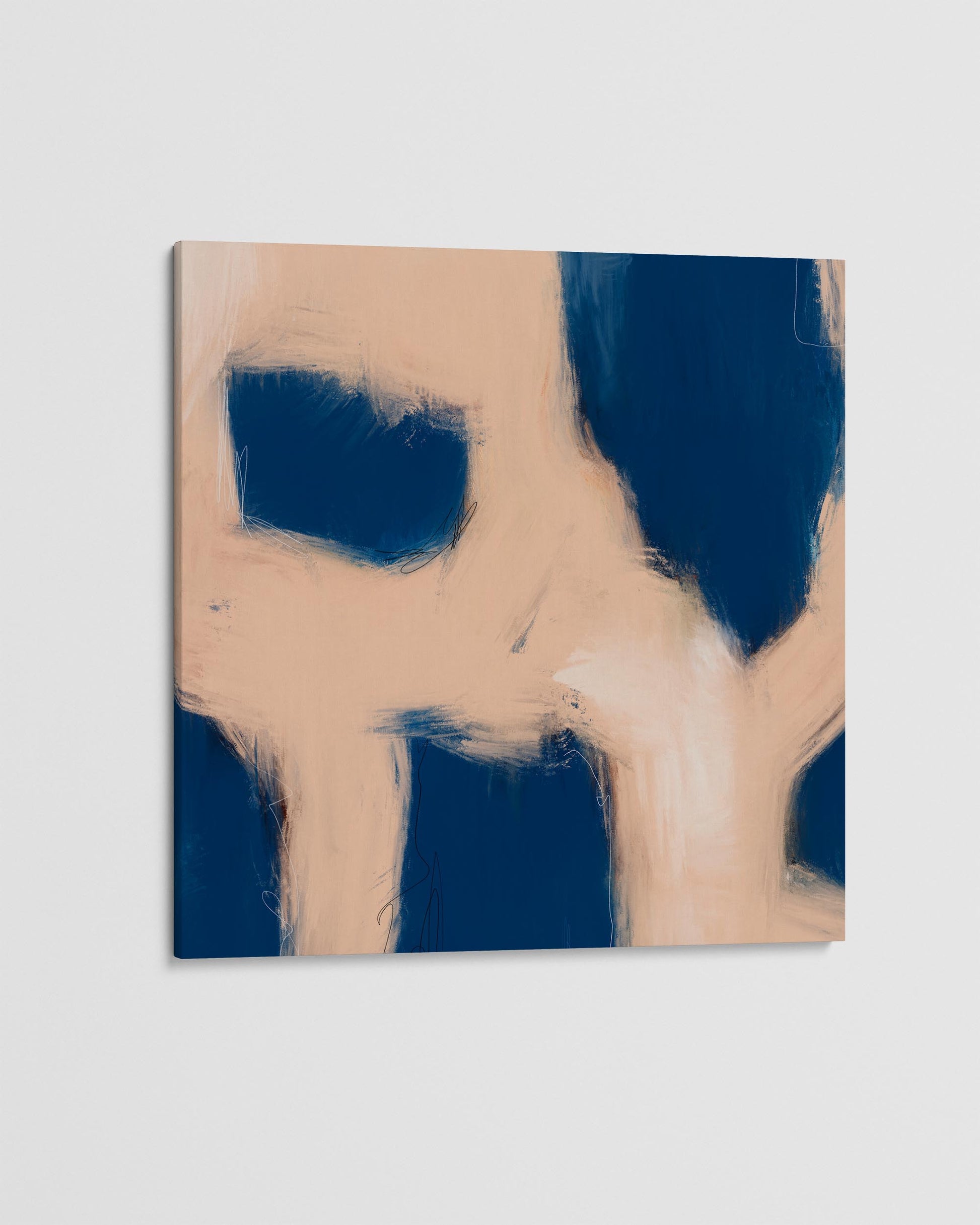 Abstract art piece with blue and beige colors on a light gray background