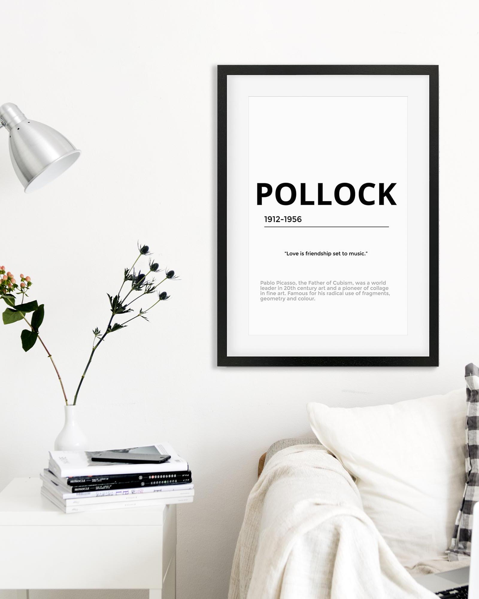 Framed poster with 'Pollock' text in a modern living room setting.