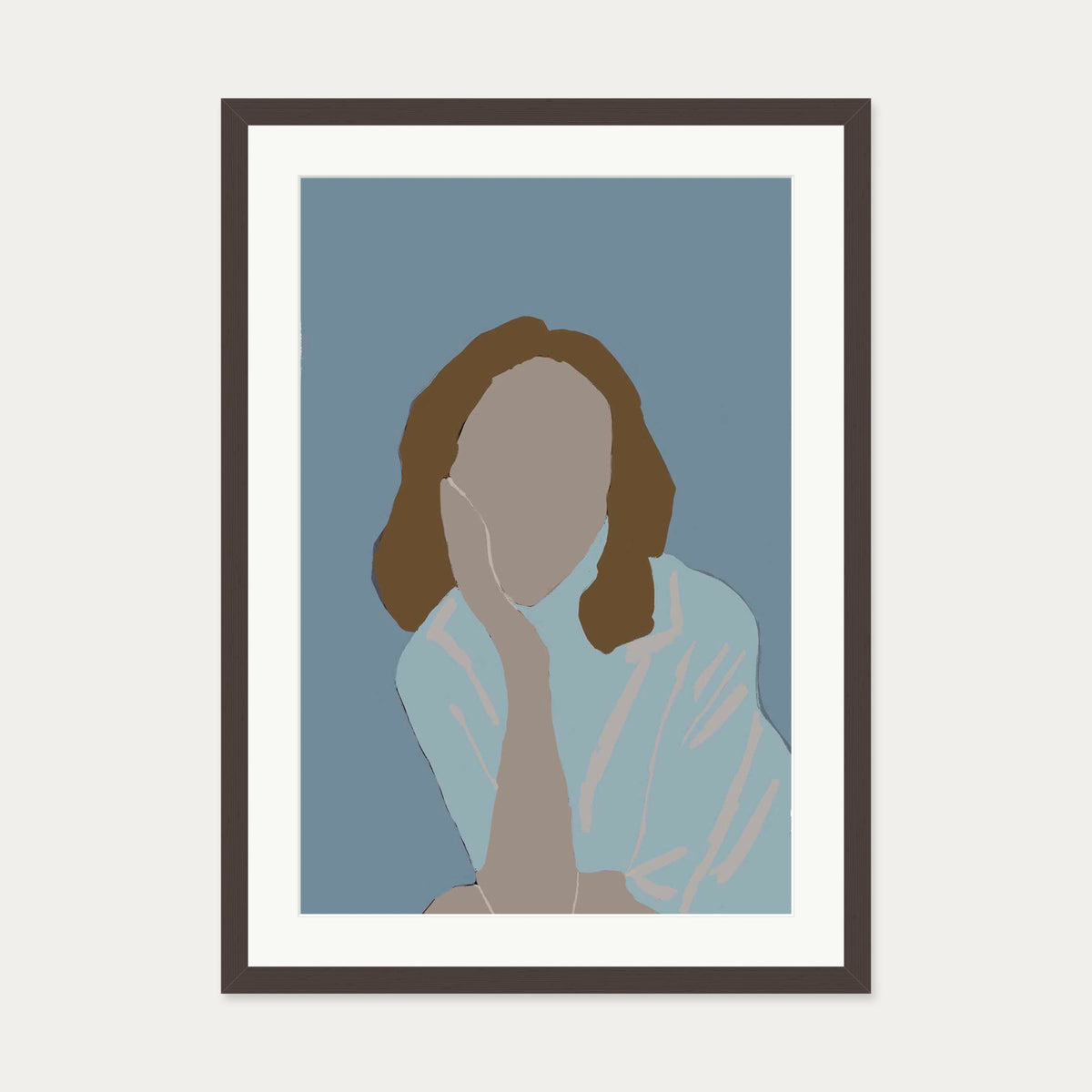 Posing Woman In Blue Art Print — 50 x 70 cm — Brown Frame