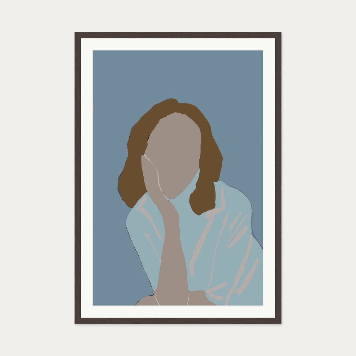 Posing Woman In Blue Art Print — 70 x 100 cm — Brown Frame