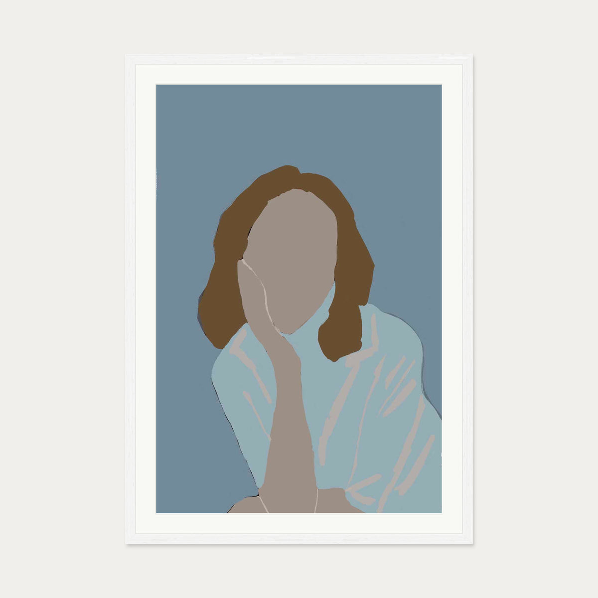 Posing Woman In Blue Art Print — 70 x 100 cm — White Frame