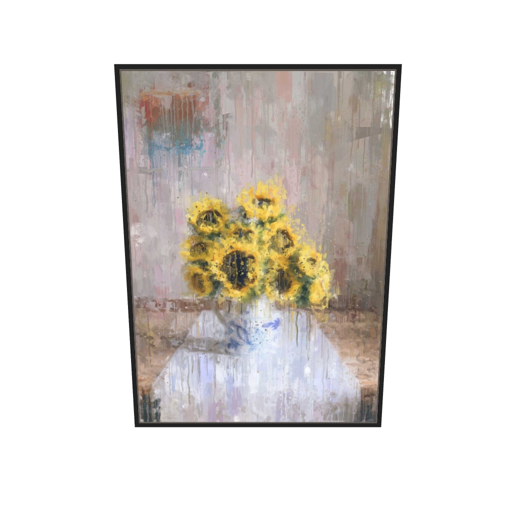[ah-ar-v1:fa56a404b3aaca85524b2f2c] Sunflowers In A Vase Still Life Canvas Art — 70 x 100 cm, black frame (AR scale)