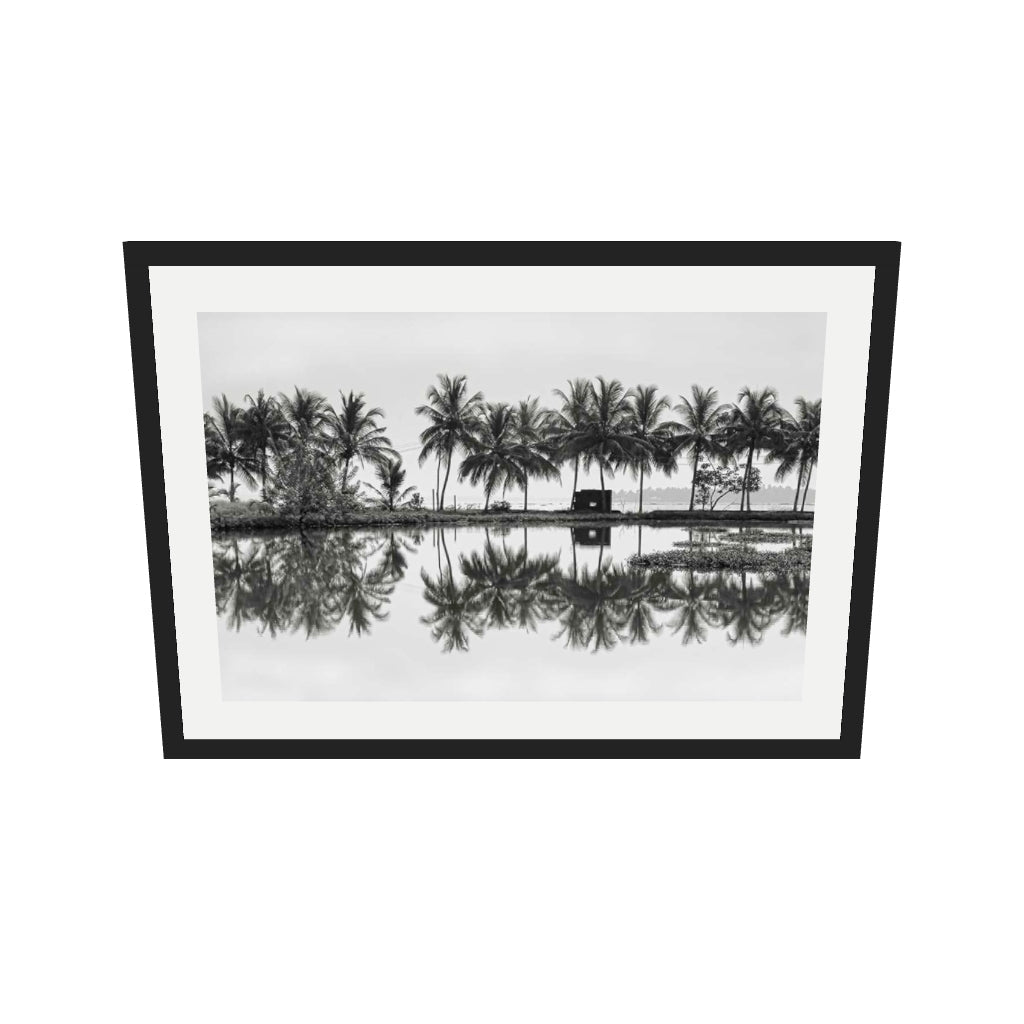 [ah-ar-v1:936446959c84a5efb7a579c0] Palm Trees Reflection Art Print — 50 x 70 cm, black frame (AR scale)
