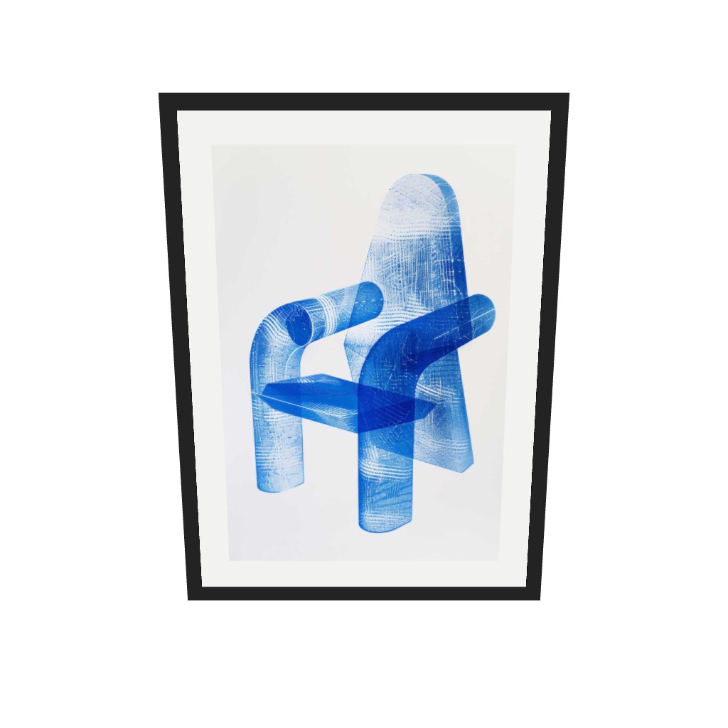 [ah-ar-v1:63cc60b729de4739ca0a5333] Blue Modern Chair Wall Art Print — 50 x 70 cm, black frame (AR scale)