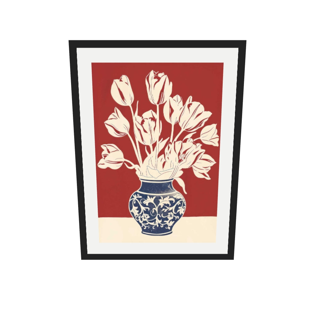 [ah-ar-v1:4a169a08d0c397f2b0669f31] Lino Print Flower Pot Wall Art — 50 x 70 cm, black frame (AR scale)