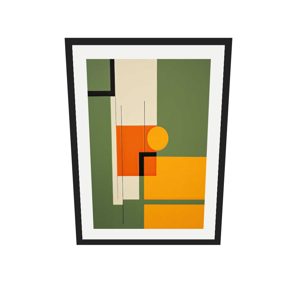 [ah-ar-v1:18b5a262ff3e40a16698f036] Sage On Orange Abstract Art Print — 50 x 70 cm, black frame (AR scale)
