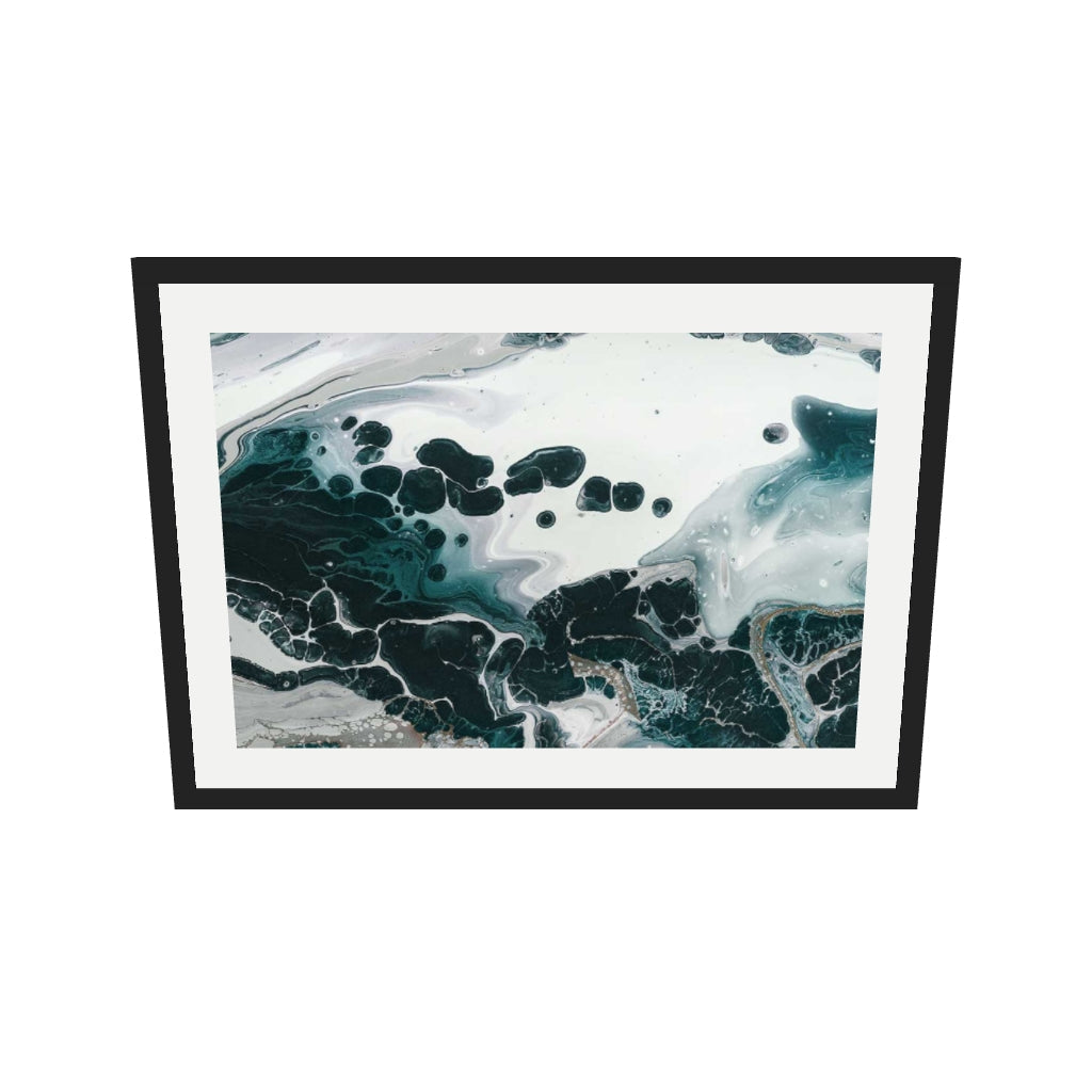 [ah-ar-v1:6694fc882f34124ebf010017] Teal Abstract Marble II Wall Art Print — 50 x 70 cm, black frame (AR scale)