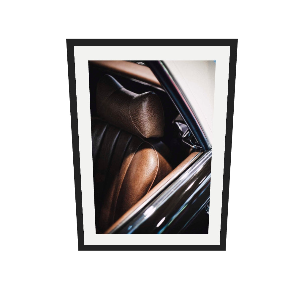 [ah-ar-v1:0daa9e9b1b2588841dbffb81] Leather Seat Wall Art Print — 50 x 70 cm, black frame (AR scale)