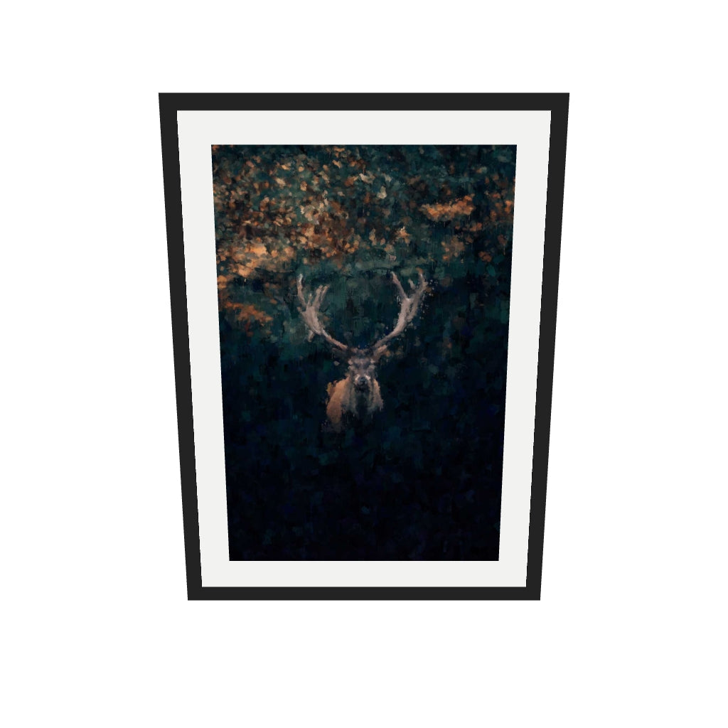 [ah-ar-v1:5bab9bc4f047a8c668d021d7] Red Deer Stag In Winter Art Print — 50 x 70 cm, black frame (AR scale)
