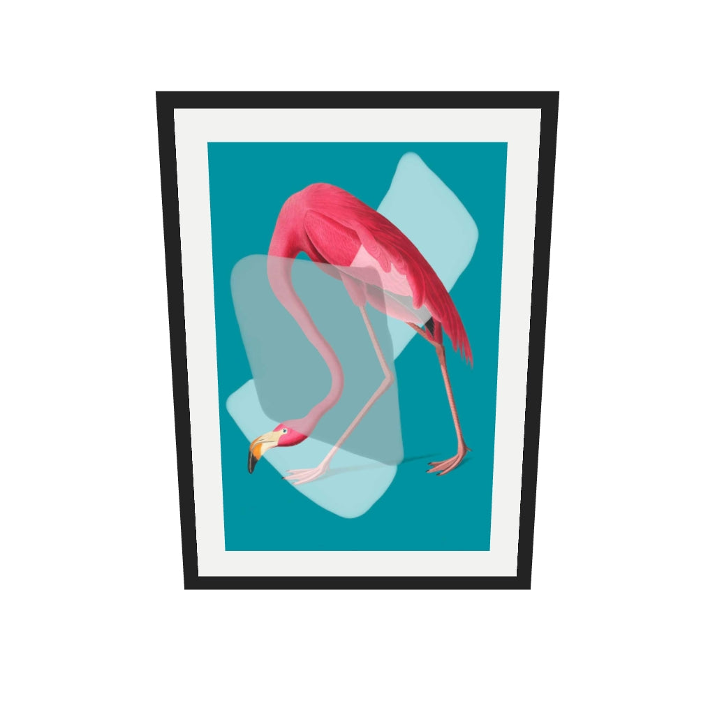 [ah-ar-v1:a9ab4343a24e5d5c4ed36876] Pink Flamingo In Teal Pop Art Print — 50 x 70 cm, black frame (AR scale)