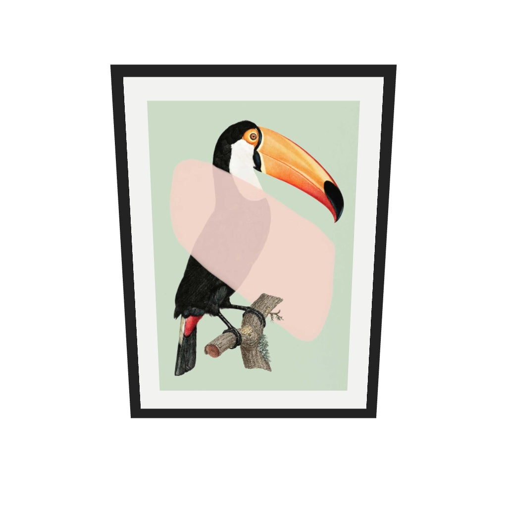 [ah-ar-v1:5d558b2179a82f1e9642bfb9] Mint Toucan In Blush Pop Art Print — 50 x 70 cm, black frame (AR scale)