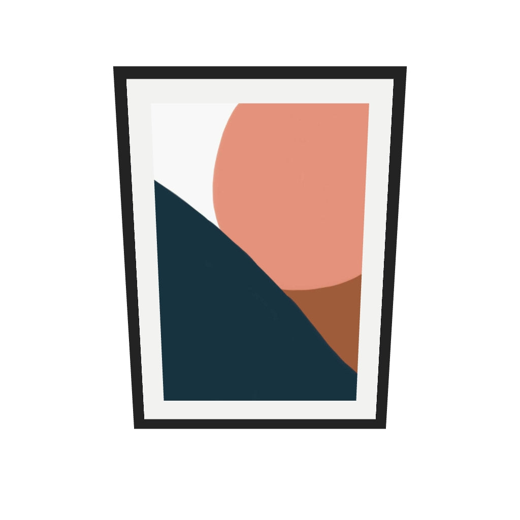 [ah-ar-v1:242994821ef66808cc77dc8a] Terracotta On Blue Shapes Art Print — 50 x 70 cm, black frame (AR scale)