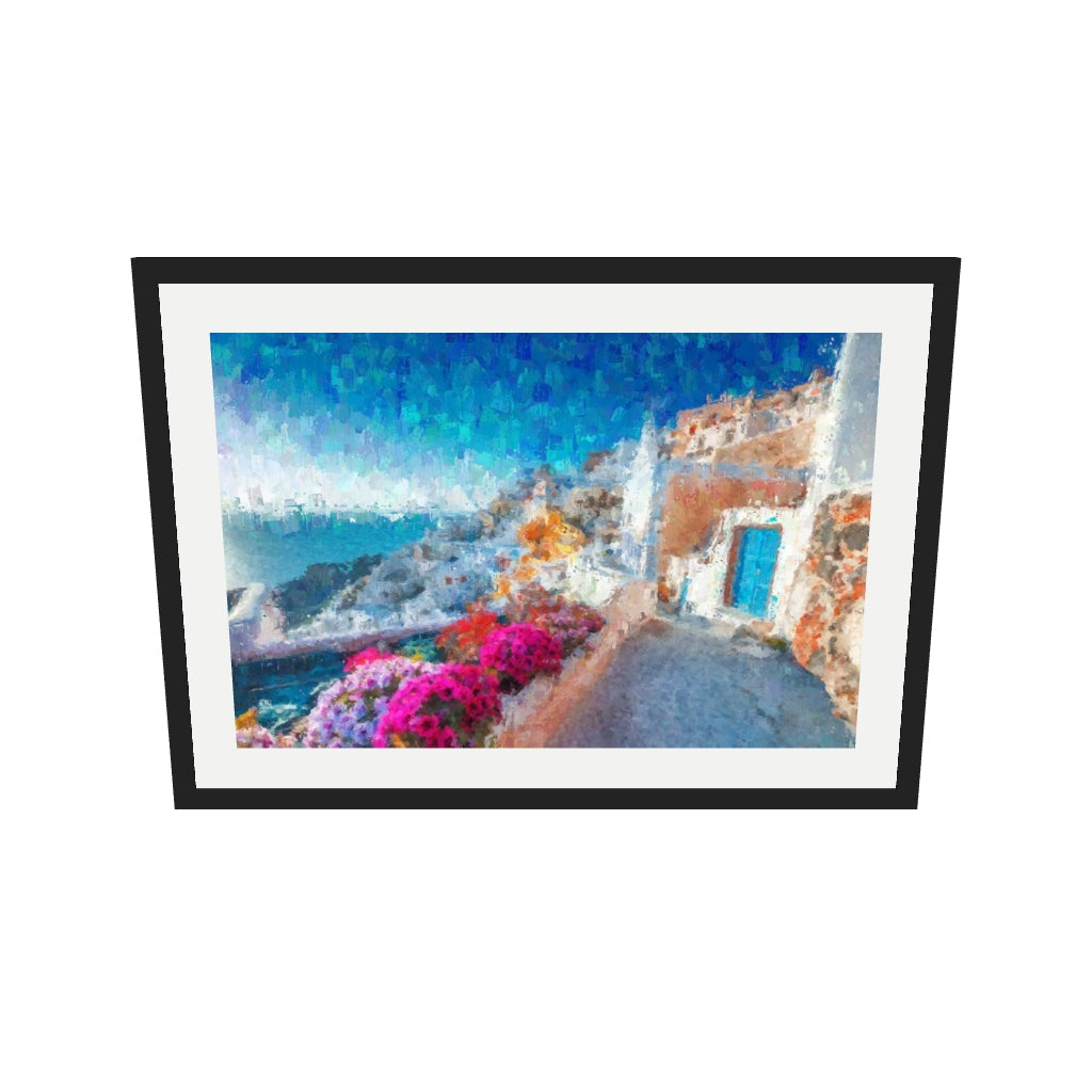 [ah-ar-v1:59203880eb160010ef486bca] Santorini View Over The Bay Art Print — 50 x 70 cm, black frame (AR scale)