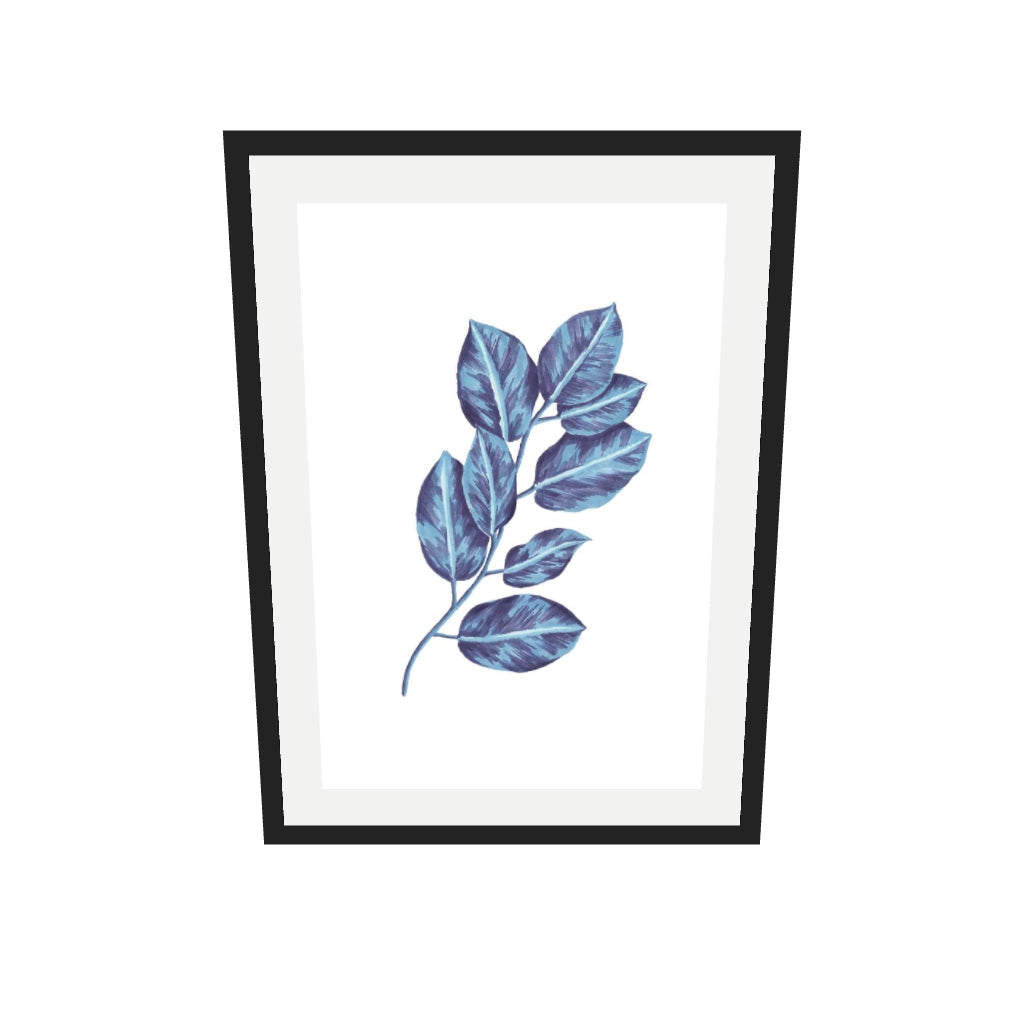[ah-ar-v1:d6b472cf08df2914007d362b] Blue Botanical Leaves Art Print — 50 x 70 cm, black frame (AR scale)