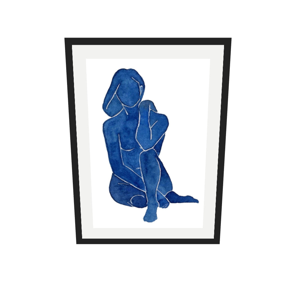 [ah-ar-v1:6cd5a662e37a5c7609ec9b33] Blue Female Nude Art Print — 50 x 70 cm, black frame (AR scale)