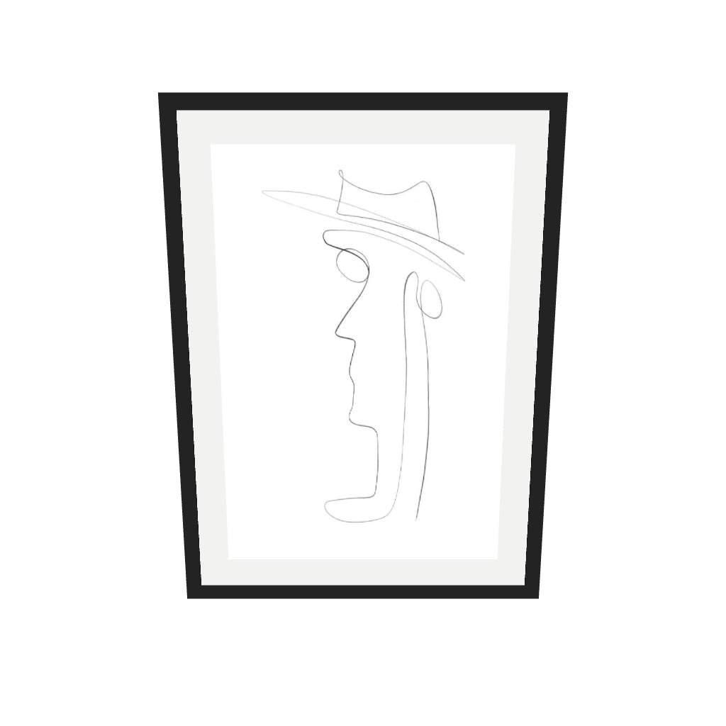 [ah-ar-v1:3320ed6fed14612b2c22d748] Hat and Face Line Drawing Art Print — 50 x 70 cm, black frame (AR scale)