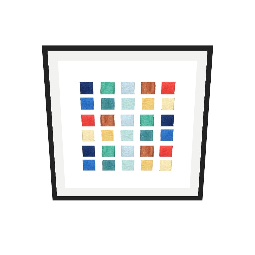 [ah-ar-v1:74097ebca66d1d9b88fb4f5a] Watercolour Swatches Art Print — 70 x 70 cm, black frame (AR scale)